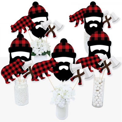 Big Dot of Happiness Lumberjack - Channel the Flannel - Buffalo Plaid Party Centerpiece Sticks - Table Toppers - Set of 15