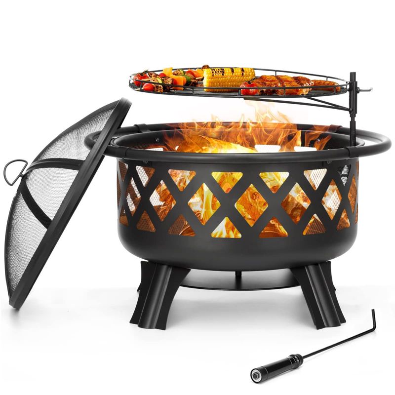 SINGLYFIRE 30 Inch Fire Pit with Rotatable & Liftable BBQ Grill Round Outdoor Camping, 1 of 9