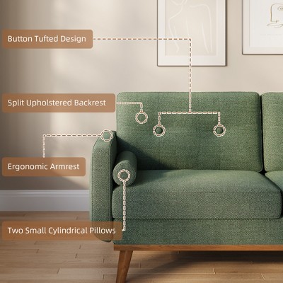 65" Loveseat Sofa, Mid Century Button Tufted Sofa Couch with Wood Legs & Trim