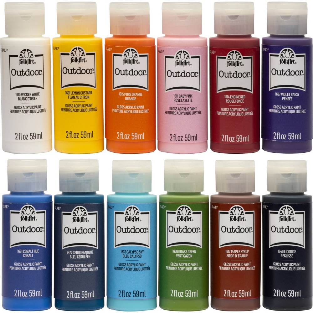 Photos - Paint / Enamel Folkart Outdoor 12Pc Set 2Oz: Multicolored Acrylic Paint & Primer for Exterior/Interior Use, Quick Dry, 36 Sq Ft Coverage