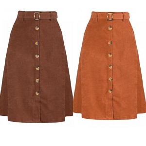 INSPIRE CHIC Women's High Waist Solid Button Front A-Line Belted Corduroy Midi Skirt 2 Packs - 1 of 4