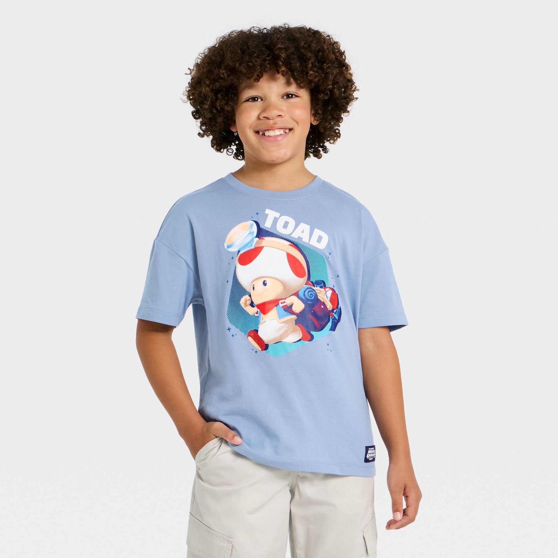 Boys' Nintendo Super Mario Brothers Short Sleeve Toad Let's Go Oversized Graphic T-Shirt - Light Blue