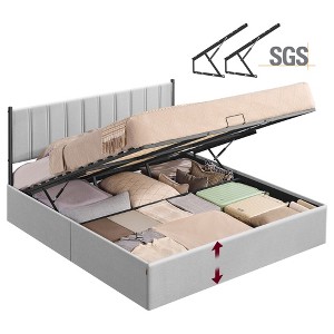 King Size Hydraulic Storage Bed Frame with Upholstered Headboard, 1100 lb Capacity, Underbed Lift-Up Design, No Box Spring Needed - 1 of 4