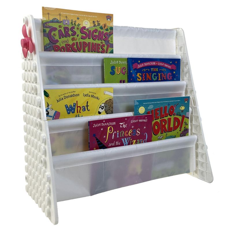 UNiPLAY Kids Plastic Bookcase Display Storage Rack, 4 Tier Bookshelf with Stacking Block Play Side Panels, 3 of 6
