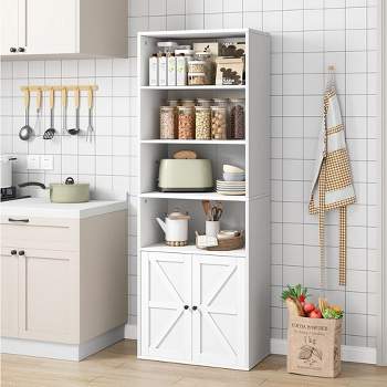 Bookcase with Doors Industrial Bookshelf 11.8in Depth Display Storage Shelves 71.4in Tall White