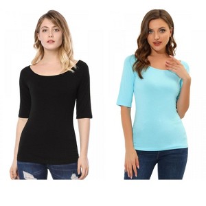 Allegra K Women's Half Sleeves Scoop Neck Fitted Layering Soft T-Shirt 2 Packs - 1 of 4