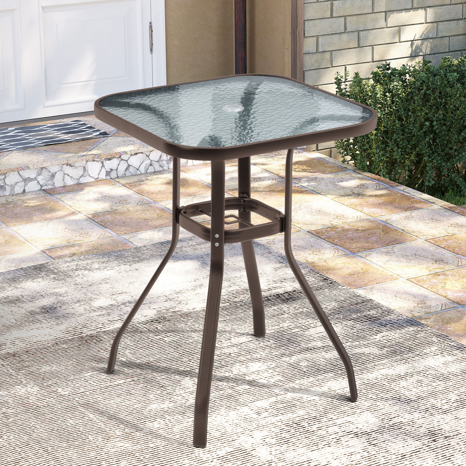 Pellebant Outdoor Bar Height Table Umbrella Hole Aluminum Patio Bar Table Tempered Glass Top Brown