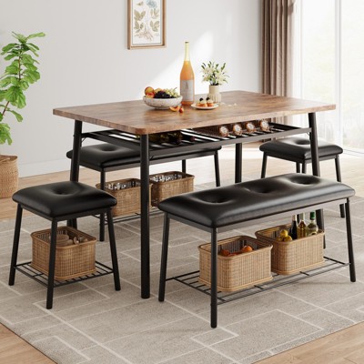 Garvee 5-Piece Modern Dining Set, Space Saving Dinette for Kitchen, Dining Room, Small Space With Steel Frame, Built-in Storage Rack - Brown