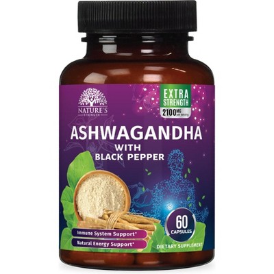 Organic Ashwagandha 1950mg w/ Black Pepper for High Absorption & Stress Support - 60 Capsules By Nature's Strength