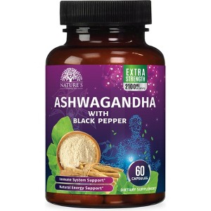Organic Ashwagandha 1950mg w/ Black Pepper for High Absorption & Stress Support - 60 Capsules By Nature's Strength - 1 of 4