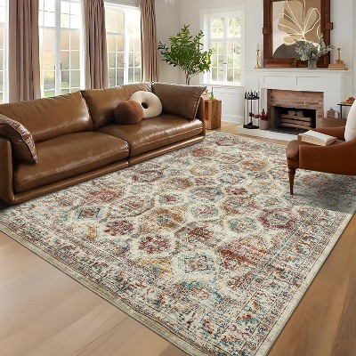 Washable Runner Rug Non Slip Floor Carpet, Low Pile Distressed Kitchen Rug, Non-Shedding Faux Wool Soft Rug, Vintage Printed Rug