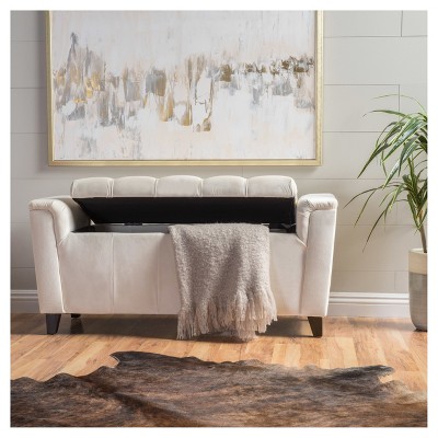 Argus Storage Bench - Ivory New Velvet - Christopher Knight Home: Upholstered Ottoman, Hardwood Frame