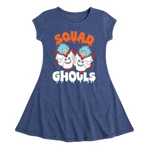 Girls' - Dr. Seuss - Squad Ghouls Thing 1 and Thing 2 Fit & Flair Cap Sleeve Graphic Dress - 1 of 4