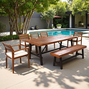 7-Piece Outdoor Patio Acacia Wood Dining Set with Removable Cushions and Bench - 1 of 4