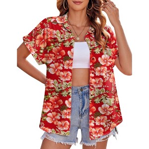 Zeagoo Women's Hawaiian Button Down Shirts Casual Short Sleeve Floral Tropical Print Summer Blouse Tunic Top - 1 of 4