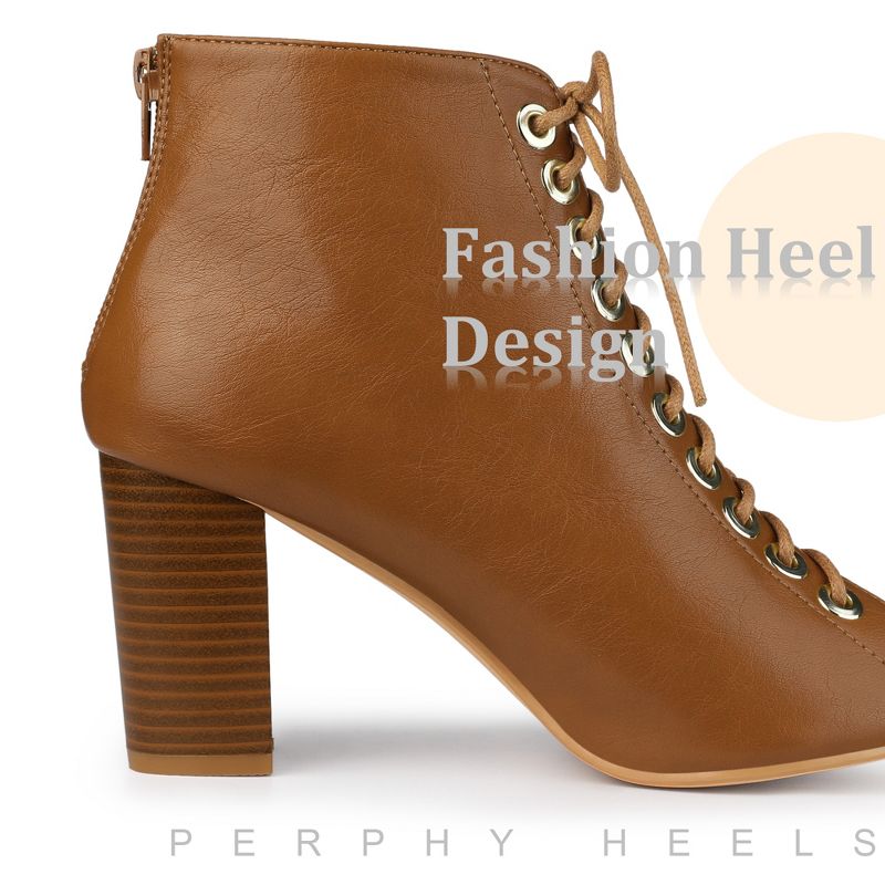 Perphy Women's Peep Toe Lace Up Chunky Heel Ankle Boots, 4 of 7