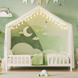 Angel Sar Montessori Floor Bed with Canopy, Twin Size House Shape Toddler Bed Frame with High Railings, White Wood Kids Bed with Roof - 1 of 4