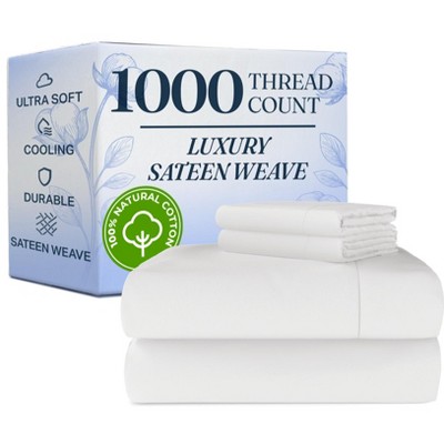 Luxury 1000 Thread Count 4 Piece Sheet Set - Soft & Premium 100% Cotton Sateen - CGK Linens