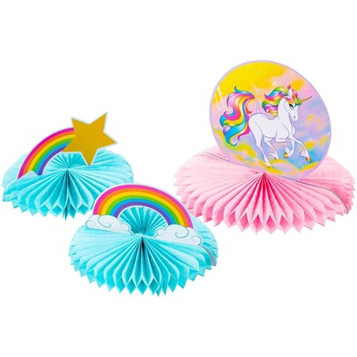 Blue Panda 3-Piece Rainbow Unicorn Honeycomb Centerpiece Decoration for Kids Party Supplies, Pink & Blue