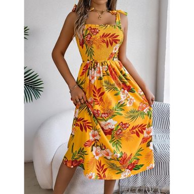 Womens Summer Dress Smocked Bust Adjustable Shoulder Tie Midi Beach Dress  Yellow XL : Target