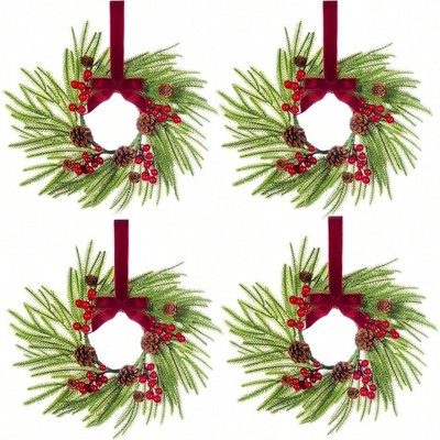4 Pcs 15 inch Xmas Wreath Kitchen Cabinet Decorations with Norfolk Pine Red Ribbon Pine Cones Artificial Hanging Garlands