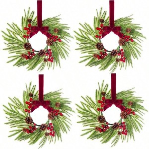 4 Pcs 15 inch Xmas Wreath Kitchen Cabinet Decorations with Norfolk Pine Red Ribbon Pine Cones Artificial Hanging Garlands - 1 of 4