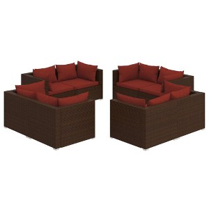 vidaXL 8 Piece Patio Lounge Set - Outdoor Modular Brown Poly Rattan Lounge Set with Cinnamon Red Cushions - Easy Assembly Garden Furniture Set - 1 of 4