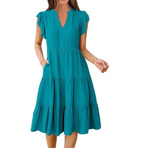 Coolmee Womens Summer Casual Maxi Dresses Ruffle Cape Sleeve V Neck Flowy Tiered Dress with Pockets Boho Sundresses - 1 of 4