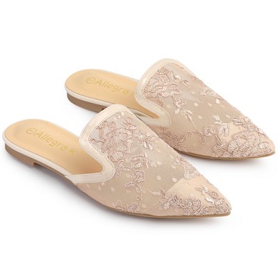 Allegra K Women's Slip-on Pointed Toe Flats Floral Embroidery Mules