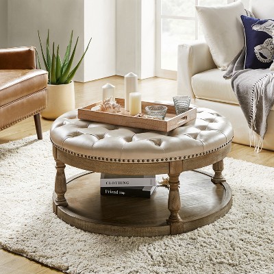 Chloe Vegan Leather Round Cocktail Ottoman with Storage and Nailhead | ARTFUL LIVING DESIGN