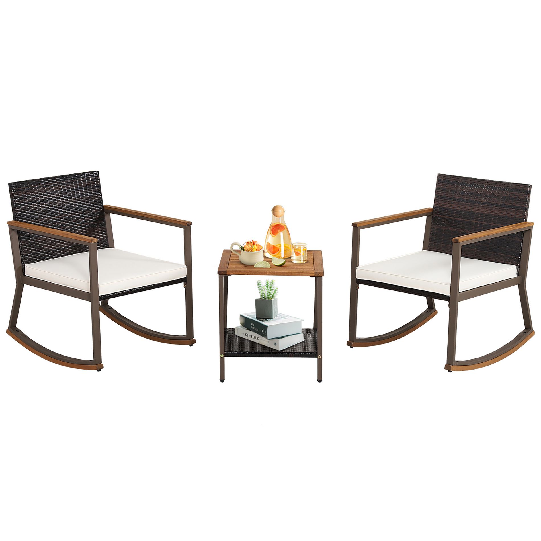 Tangkula 3PCS Patio Rattan Rocking Chair Bistro Set Armrest Cushion Table w/ Storage Shelf