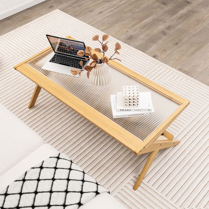 Costway Bamboo Coffee Table 48'' 2-Tier Glass Tabletop Handwoven Rattan Storage Shelf, 5 of 11