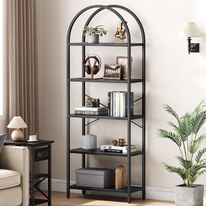 5 Tier Open Bookshelf, Industrial Arched Bookcase Display Shelf Racks, Wooden Bookcase Storage Shelves Metal Frame, Tall Storage Organizer, Black - 1 of 4