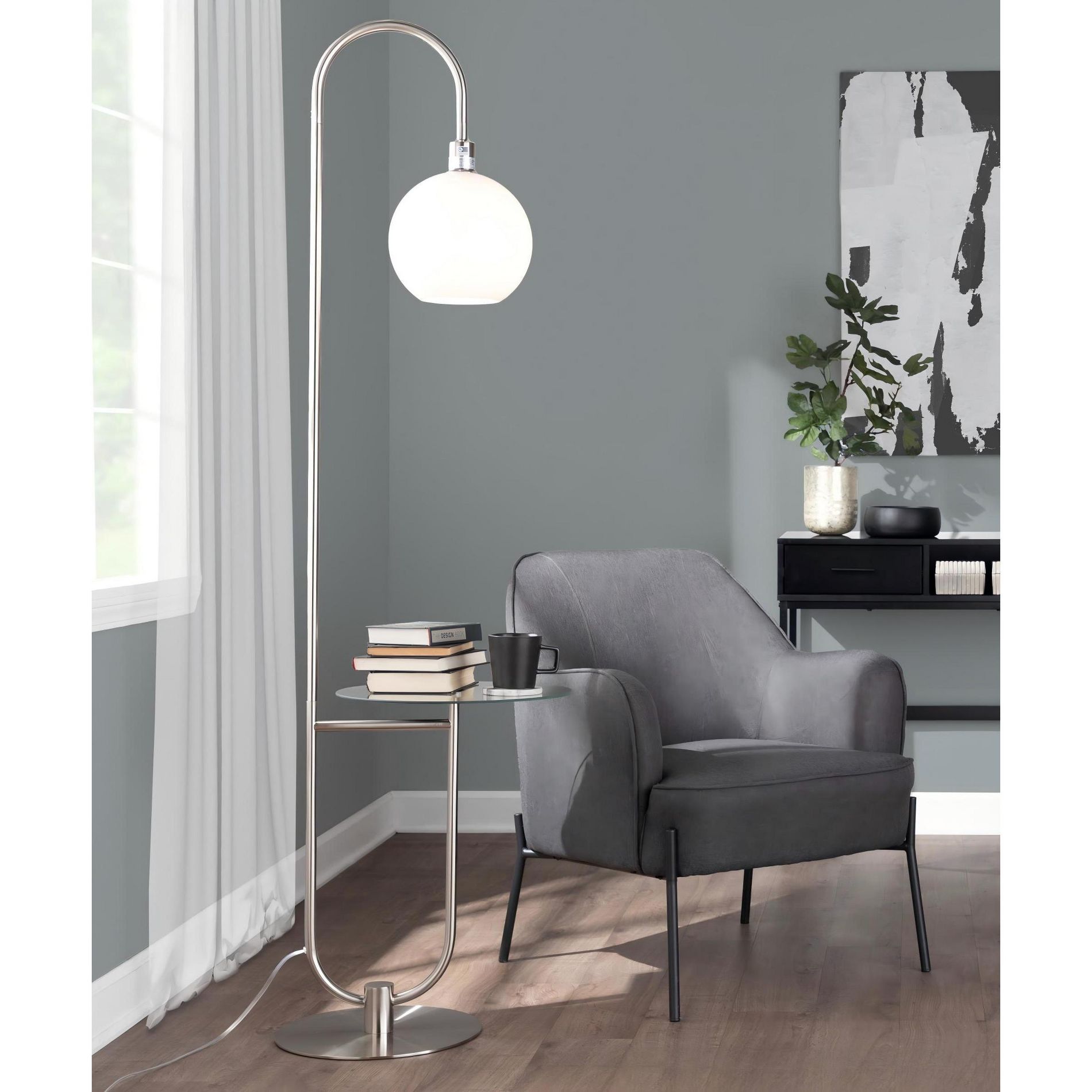 69.5 inch Contemporary Floor Lamp with Nickel Frame and Clear Glass Table Top for Small Spaces
