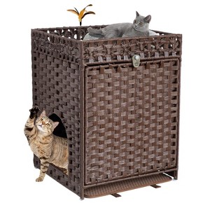 Hausource Handwoven Rattan Cat Litter Box Enclosure Hidden Furniture with Door & Removable Mat - 1 of 4