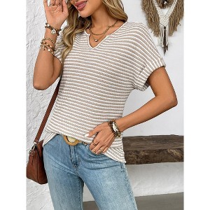 Women's V-Neck Stripe T-Shirt - Relaxed Fit Short Sleeve Top - 1 of 4