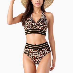 Anna-Kaci Swim Women's Leopard Print Bikini Set with Striped Elastic Halter Top and High Waist Bottoms for a Sporty Wild Look - 1 of 4