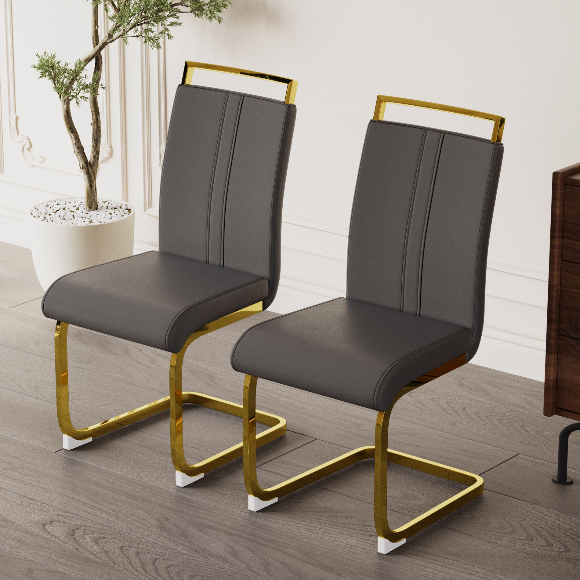 Gulches Modern Faux Leather Dining Chairs (Set of 2) High Back Upholstered Side Chairs with Golden Plated Metal Legs, C-Shaped Frame,Gray