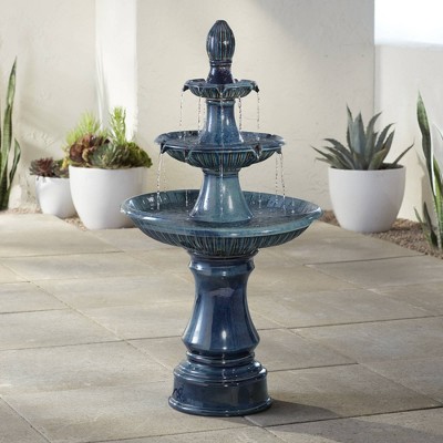 Teal Blue Ceramic 3-Tier Outdoor Floor Water Fountain with LED Light