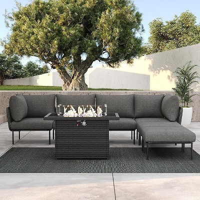 LayinSun 7 Pieces Rope Woven Patio Furniture Set, Modern Modular Sectional Sofa with Fire Pit Table and Upgrade Thickness Cushion
