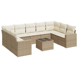 vidaXL 10 Piece Patio Sofa Set with Cushions Beige Poly Rattan - Beige and Cream With Table - 1 of 4