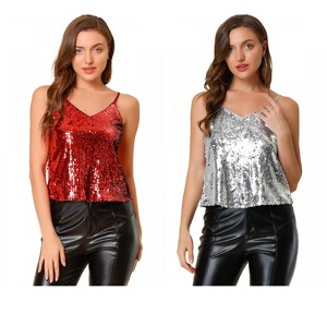 Allegra K Women's Sequined Shining Adjustable Straps Party Sparkle Cami Top 2 Packs - 1 of 4
