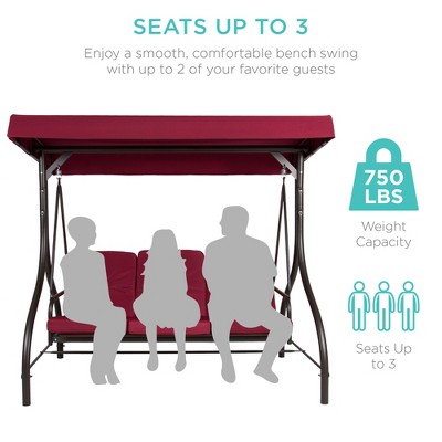 Burgundy Steel Frame 3-Seat Outdoor Canopy Swing Glider