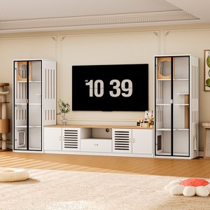 ATJafurn Entertainment Center Hidden Cat Litter Box Enclosure For 85inch Tv, Included Tv Stand And Glass Cabinet, Furniture Style Cat House - 1 of 4