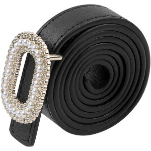 INSPIRE CHIC Women's Faux Leather Thin Belt Ladies Belt with Pearl Rhinestone Buckle for Jeans Pants - 1 of 4