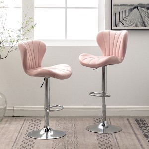 Velvet Upholstered Adjustable Swivel Barstools Set of 2 with Footrest and Chrome Finish for Kitchen or Home Bar - 1 of 4
