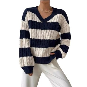 Coolmee Women's Cable Knit Sweaters Contrast Color Block Striped Sweaters Casual V Neck Long Sleeve Ribbed Cuff Loose Fit Pullover Tops L Blue - 1 of 4