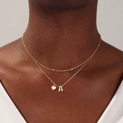 BRINJOY Gold Necklace Multi-layer Bubble Heart Letter Necklace 14K Gold Plated Chain Stackable Pendant, Jewelry Gift