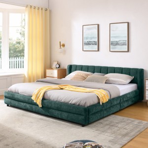 King Upholstered Bed Frame with Storage Drawers & Chenille Headboard, Modern Platform with Solid Wood Slats-3irtyhousy - 1 of 4