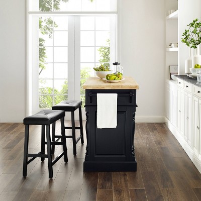 Oxford 30" Black Wood Kitchen Island with Saddle Stools